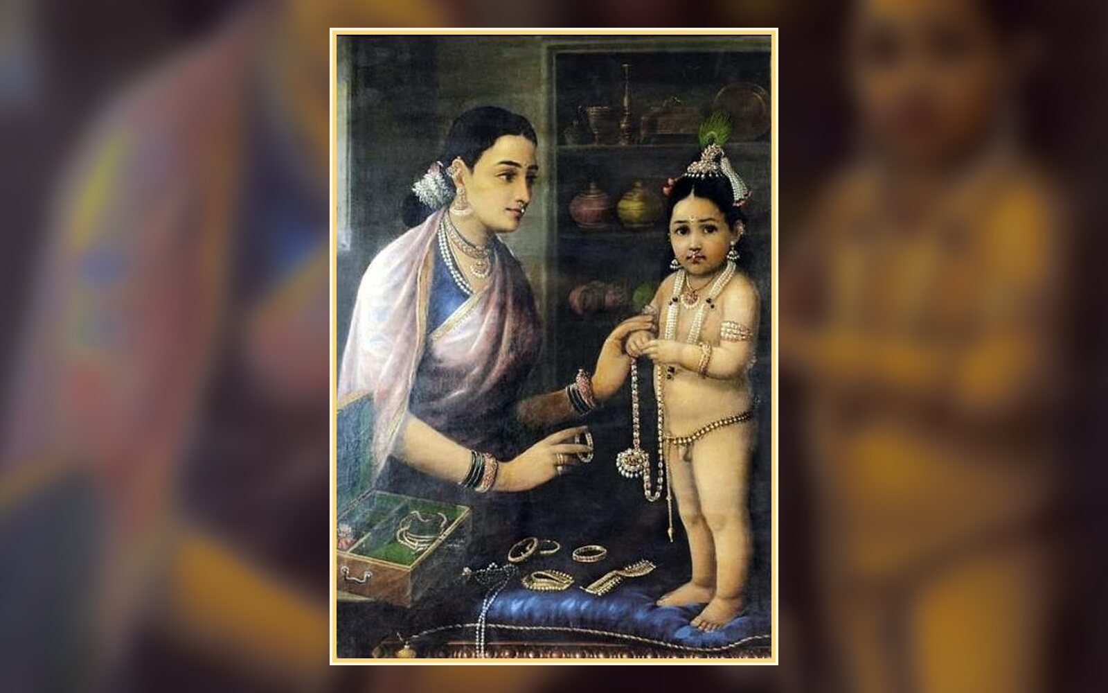 Raja Ravi Varma painting of Yasoda adorning the child Krishna